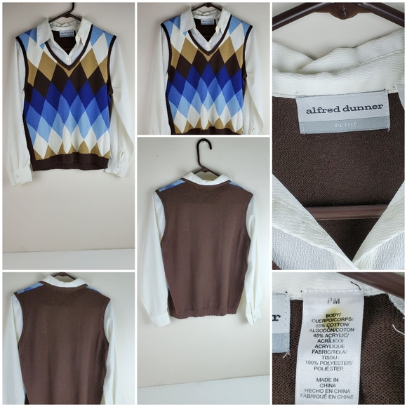 Alfred Dunner Sweater Shirt Argyle Blue Brown Peti - Picture 1 of 5